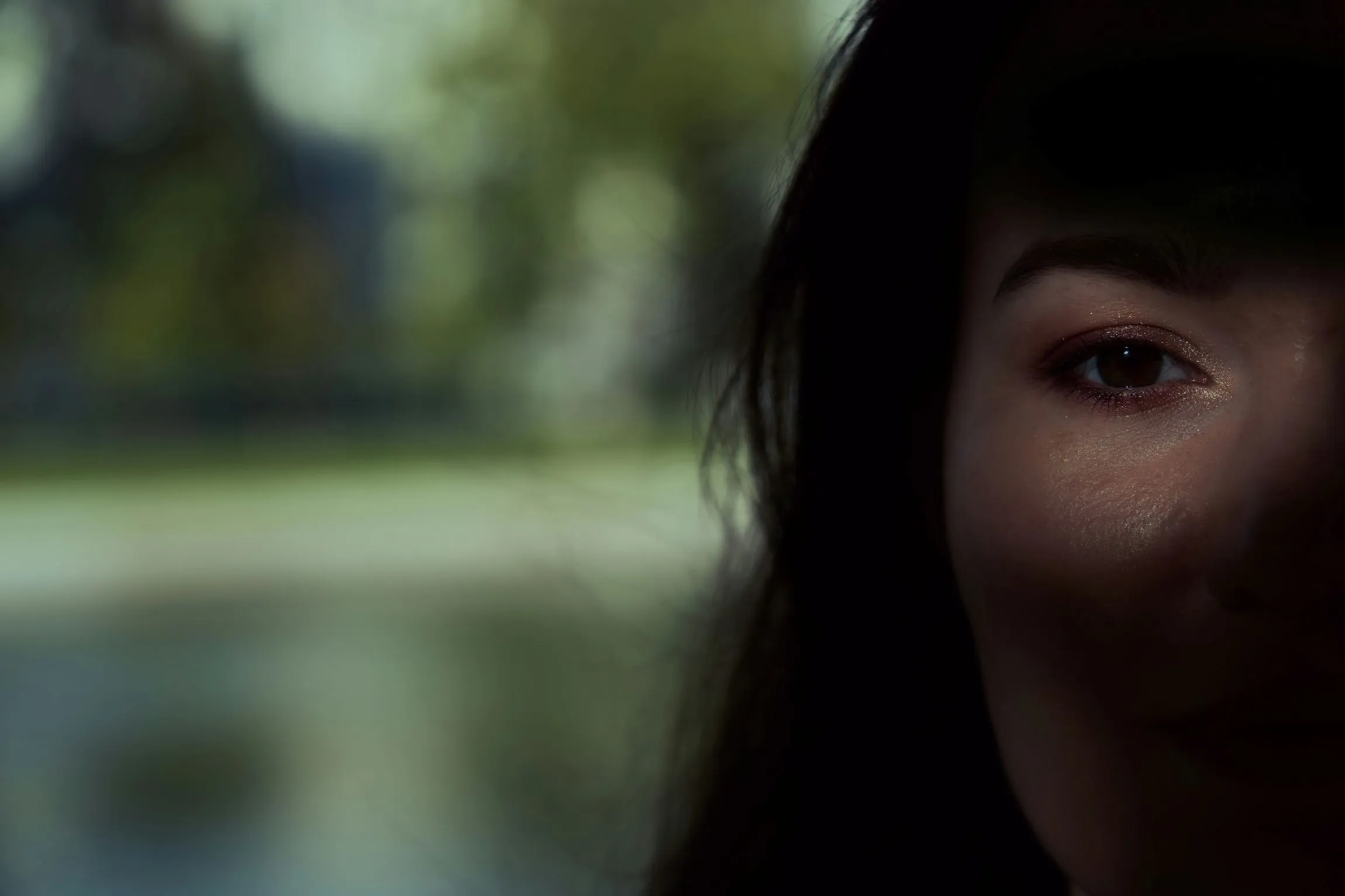 A dramatic close-up of a woman's right eye, highlighted against deep shadow, conveying a serious, watchful expression in a blurred outdoor setting.