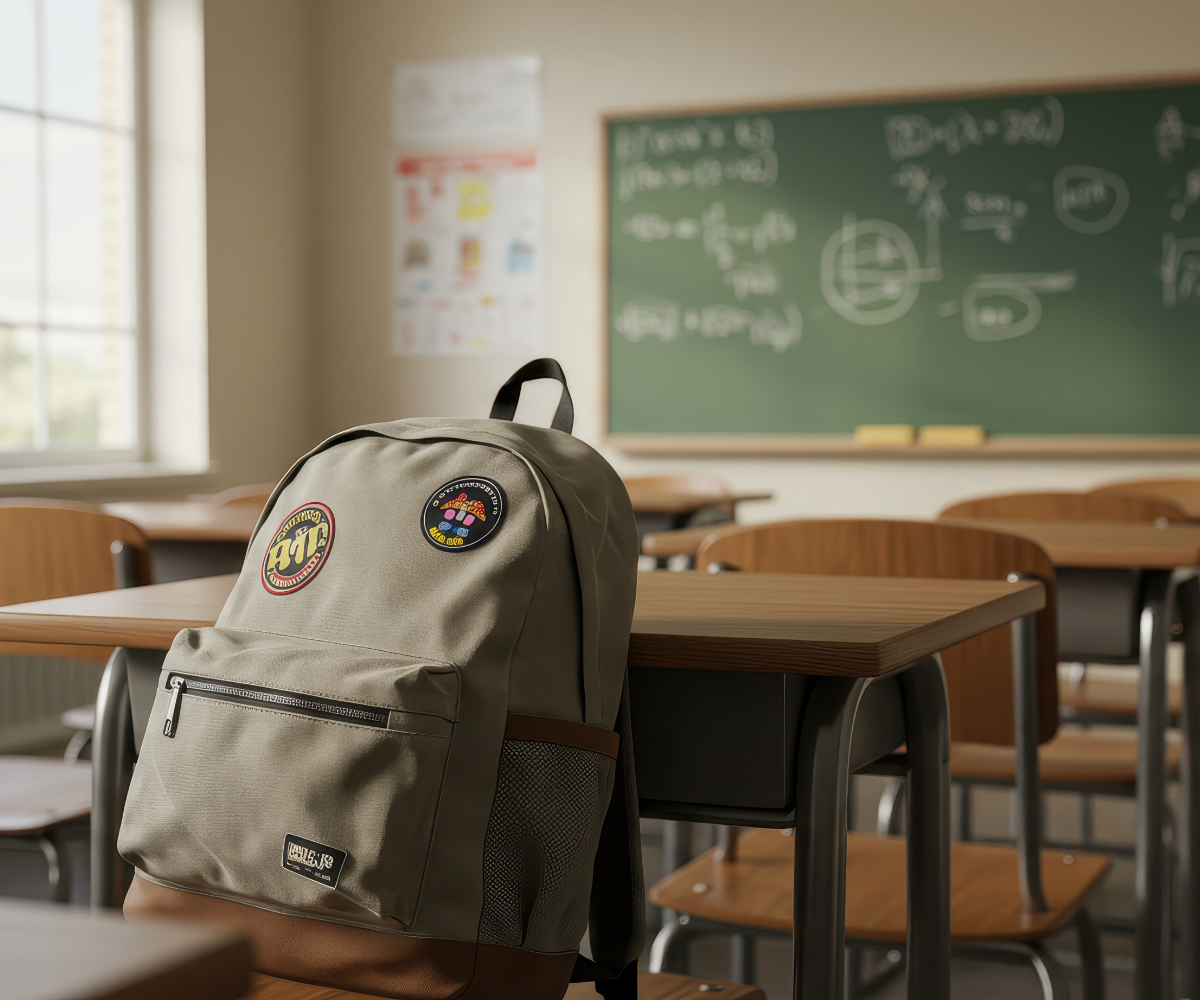 A student carrying a backpack in a school hallway
